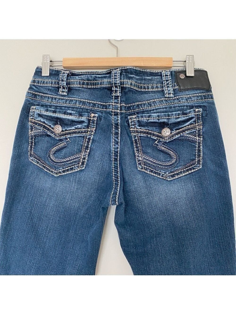 Silver Fluid Denim Suki Mid Slim Bootcut Jeans Sz 31X31 Thick Stitching